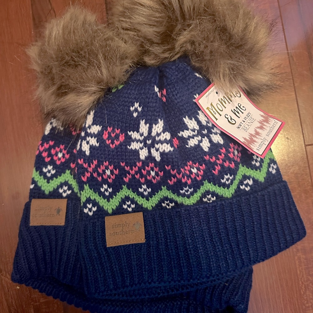 NEW Simply Southern Mom and Child Matching Beanie Hat navy and pink. Snow Hats